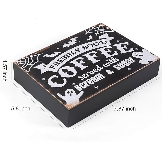 Esur Freshly Booed Coffee Wooden Box Sign, Fall Halloween Ghost Decorations Indoor for Home Office Kitchen Coffee Bar Decor