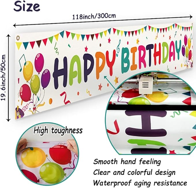 Large Colorful Happy Birthday Yard Banner Sign 118x19.7 inch with Brass Grommets and Hanging Rope Birthday Party Outdoor & Indoor Party Decoration Banner