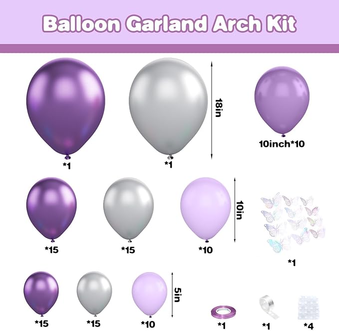 Purple Silver Balloon Arch Kit, Metallic Purple Silver Butterfly Balloons with Butterfly Stickers for Kids Butterfly Party Decorations Birthday Balloons Baby Shower Engagement Party Supplies