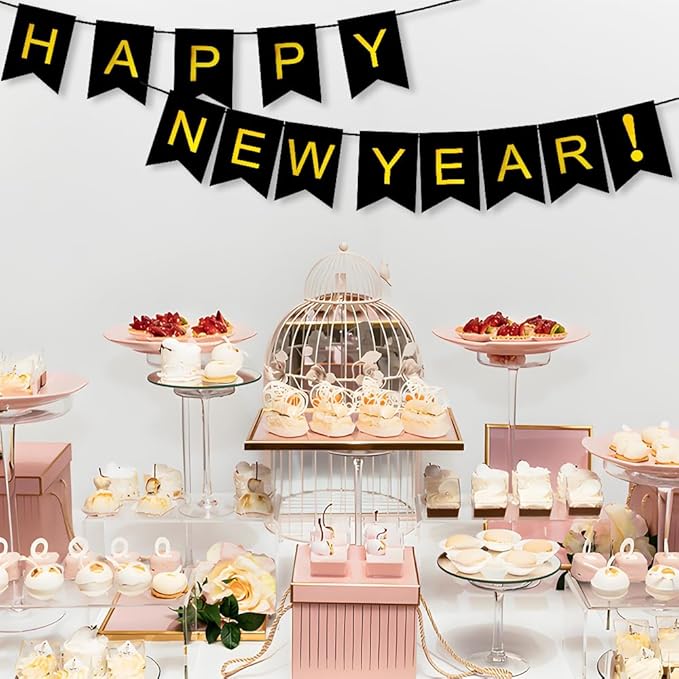 Happy New Year 2026 Banner - Black & Gold Sign For New Year's Eve Decorations, Nye Eve Party Supplies Decorations, 2026 Nye Decorations, 2026 Nye Sign