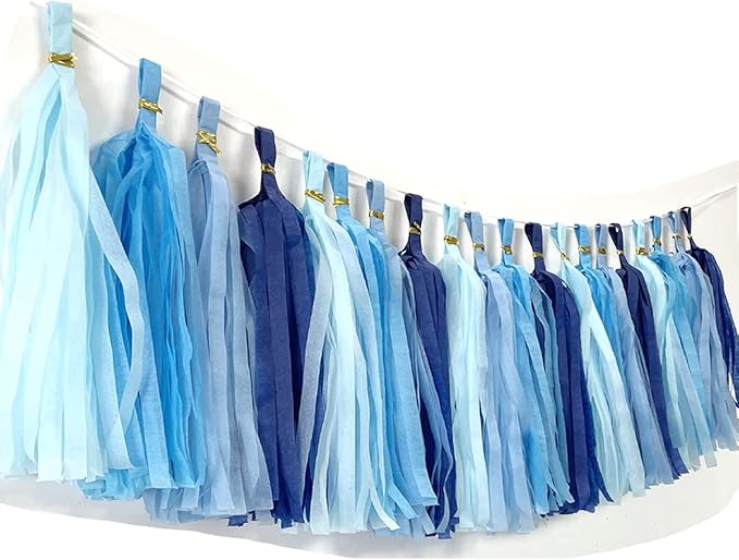 Tissue Paper Tassels Garland Banner Table Decor Party Banner Wedding Birthday Baby Shower Nursery Party Decorations Supplies (20, Lt-Blue+Blue+Sky Blue+Royal Blue)