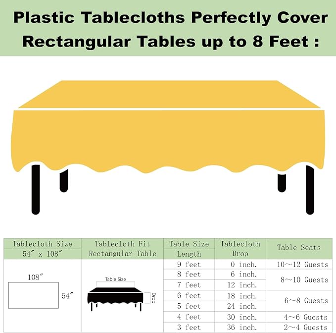 Plastic Yellow Tablecloths 3 Pack Disposable Table Covers 54 in. x 108 in. Table Cloths Bridal Shower Party Tablecovers for Parties Engagements Weddings Festivals, Fits 6 to 8 Foot Rectangle Tables
