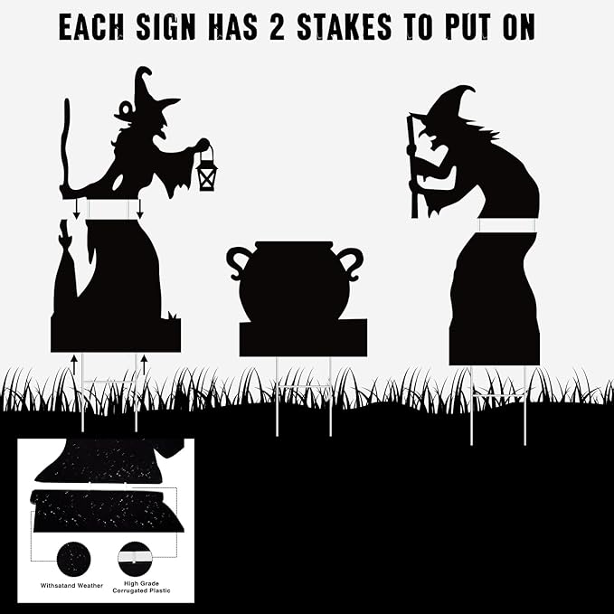 Large Halloween Witch Silhouette Decorations Outdoor, Witch Cutout Black Cat and Cauldron Set for Yard, Halloween Decor Outdoor, Scary Lawn and Party Decor, Waterproof & Easy to Install