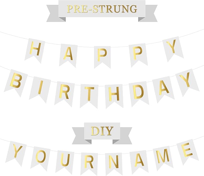 Pre-Strung Happy Birthday Banner Custom Banner Kit with Name 68PCS DIY Letter Banners Personalized Banners for Party White Golden