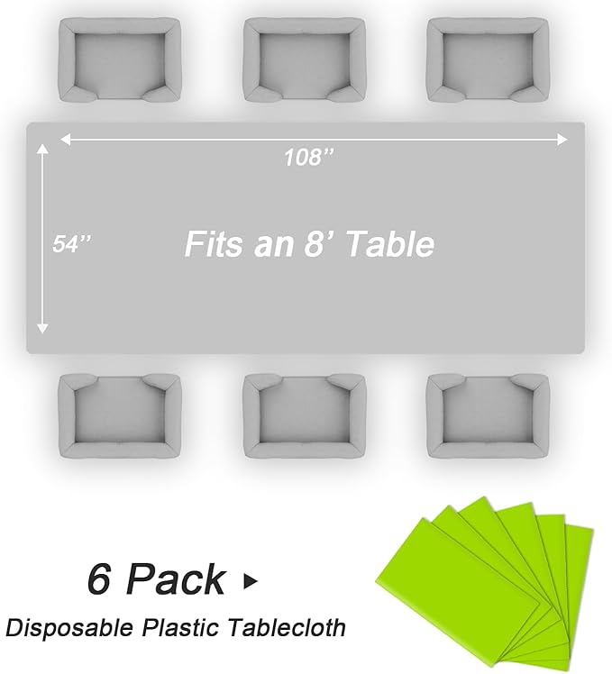 QIKSION Lime Green Plastic Table Cloth Disposable 6 Pack, 54 x 108 Inch Tablecloths for Party, Birthday, Halloween, Christmas Decorations, Rectangle Table Cover