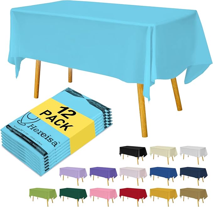 Premium Disposable Table Cloth - 12 Pack, 54 x 108 Inch Table Cloths for Parties, Decorative Tablecloths for Rectangle Tables, Red Plastic Table Cover, Leakproof & Sturdy, Sky Blue