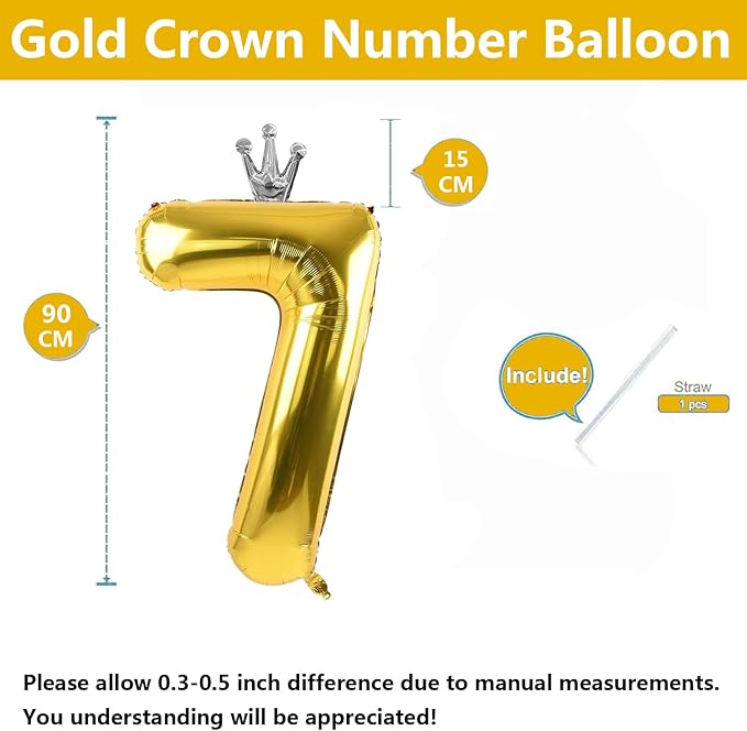 Gold Number 7 Balloon with Crown, 40 inch Gold Number Balloon 7th Birthday Party Decoration gold Crown Balloons 0-9 for Birthday Party Anniversary Decorations Supplies