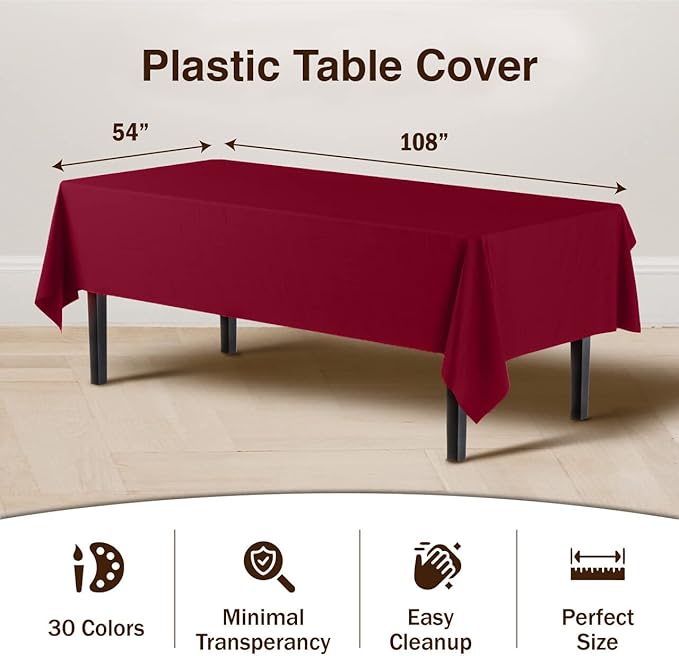 Exquisite Party Solids 6-Pack Premium Plastic Tablecloth 54in. x 108in. Rectangle Plastic Table Cover - Burgundy