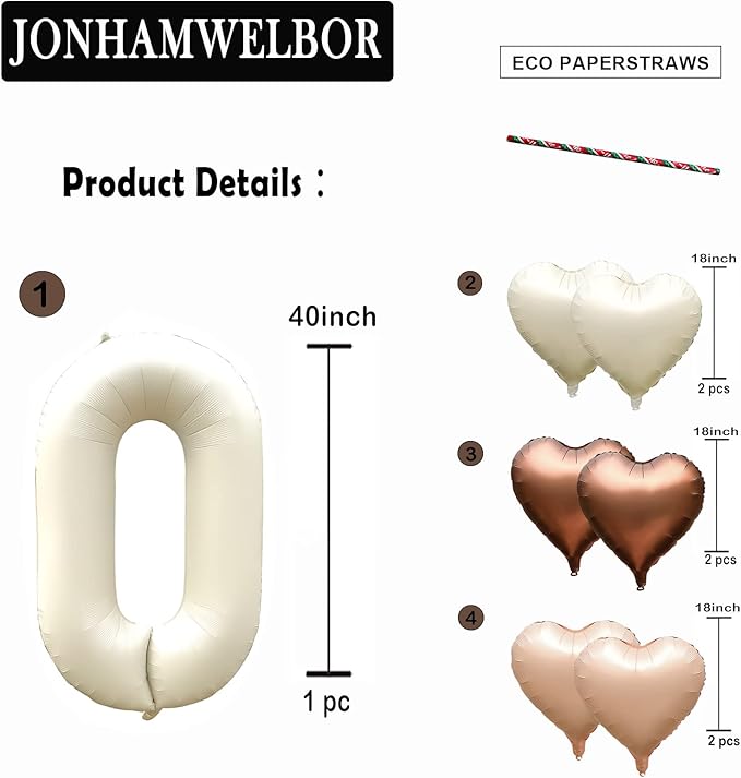 Jonhamwelbor 40 inch Cream White Number 0 Balloon Large Big Foil Helium Mylar Number Balloons 0-9 Birthday Party Balloon Numbers Decor (40 inch Cream 0)