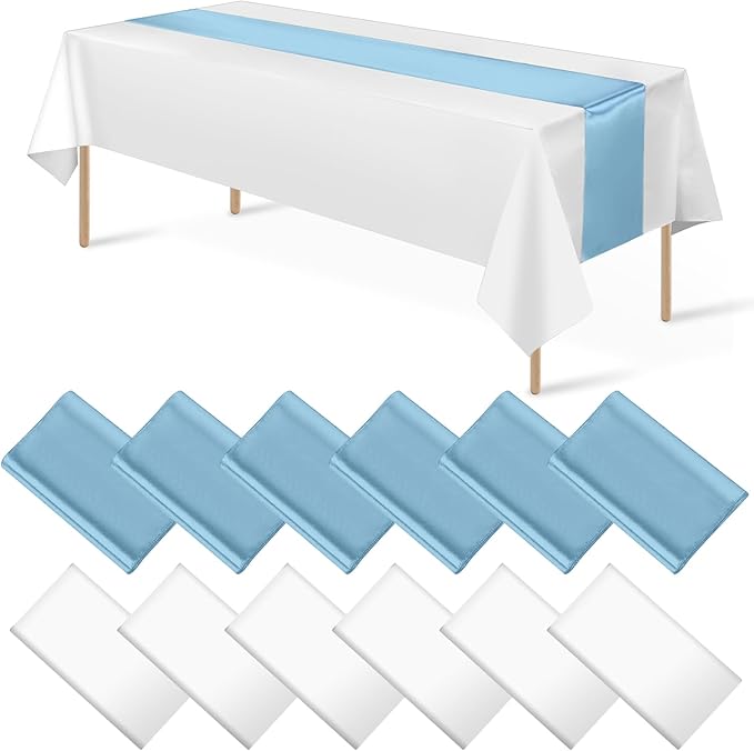 12Pack 12x108 Inch Satin Table Runner and 54x108Inch Plastic Tablecloths White Light Blue Disposable Rectangle Table Cover for Graduation Wedding Bridal Shower Anniversary Birthday Party Decorations
