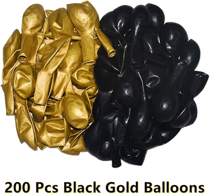 200 Pcs Black and Gold Balloons 12 Inch Latex Black Metallic Chrome Gold Balloon for Birthday Wedding Bridal Baby Shower Supplies Graduation Party Decorations