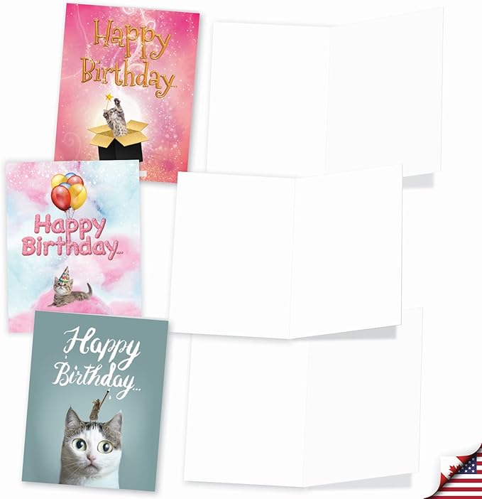 The Best Card Company - 10 Happy Birthday Note Cards Blank - Assorted Bulk Birthday Notecards, Cute Animals Boxed Set (4 x 5.12 Inch) - Cat Sent Greetings AM6112BDB-B1x10
