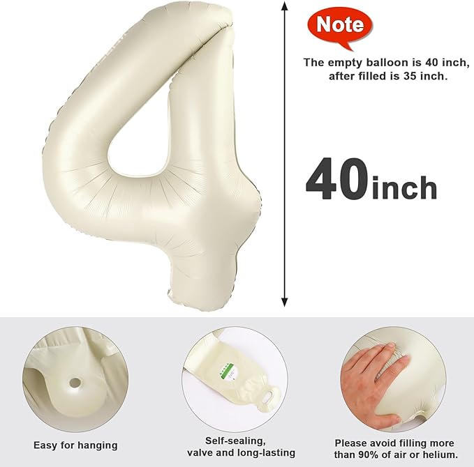 40 Inch Large Numbers Balloon, 4 Cream White Ballon for 4th 14 40 44 Birthday Party, Balloon 4 Number for Graduations Wedding Supplies