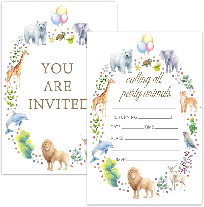 Jungle Safari Birthday Party Invitation Cards For Girls Boys Kids, Calling All Animals Birthday Party Supplies Favors, 20 Fill-In Invitation Cards with Envelopes -29