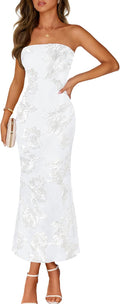 MEROKEETY Women's Floral Strapless Maxi Dress 2026 Summer Mesh Tube Bodycon Formal Wedding Guest Cocktail Party Long Dresses