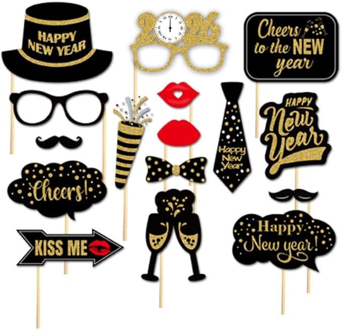 SWYOUN Glitter Happy New Year's Eve 2026 Party Photo Booth Props Supplies with Photo Frame(Pack of 17)