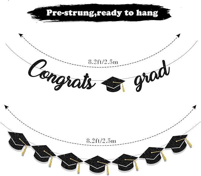Graduation Decorations Class of 2026 Party Supplies - Congrats Grad Banner and Graduation Cap Banner (Pre-Strung)