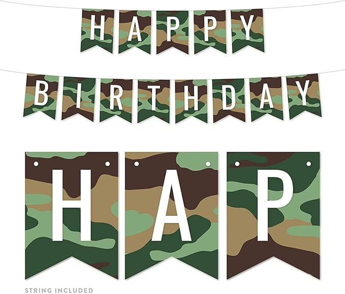 Andaz Press Hanging Pennant Banner Party Decorations, Camouflage Theme, Happy Birthday, 1-Pack, Approx. 5-Feet, Video Game Gaming Gamer Woodland Deer Themed Decor