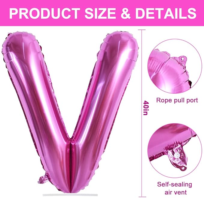 TONIFUL 40 Inch Large Rose Red Letter V Balloon - Giant Hot Pink Alphabet Foil Mylar for Birthday Party Anniversary Supplies Decorations