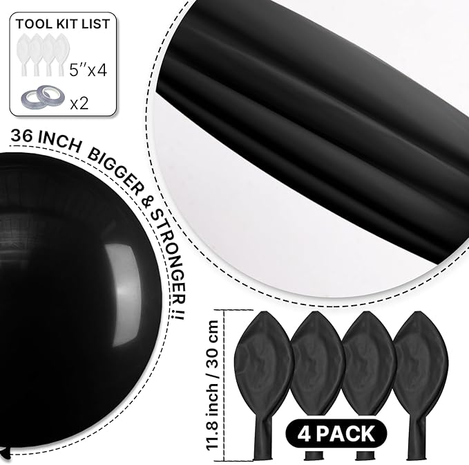 PartyWoo Black Balloons 4 pcs 36 Inch Latex Helium Matte Black Balloons for Baby Shower Birthday Graduation Casino Gaming Anniversary Retirement Pirate Race Car Theme Party Decorations Black-Y18