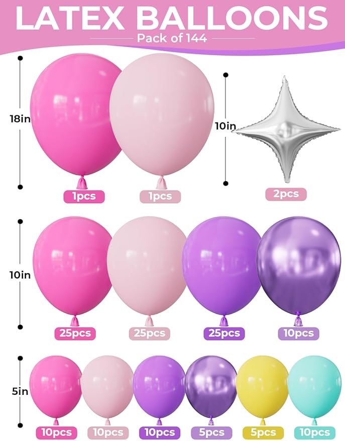 Pink and Purple Balloon Garland Arch Kit, 144 PCS Purple and Pink Balloons with Music Notes, Microphone and Starburst Foil Balloons, for Girls Birthday Party, Karaoke, Pop Music Theme Decorations