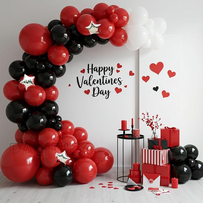 Red Black White Balloon Arch Kit with Silver Star Foils – Double Stuffed Balloons in 5” 12” 18” Sizes for Graduation, Birthday, Retirement, Racing, Casino, Poker Party Decorations
