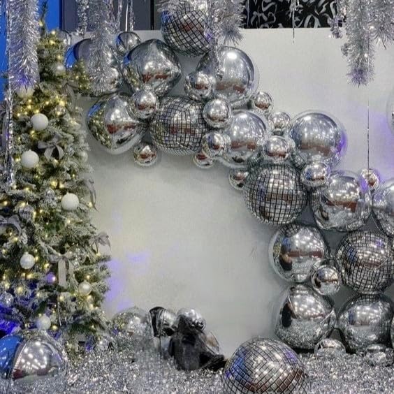 12PCS Silver Foil Balloons, 22in 15in 10in Different Sizes 4D Round Foil Balloon Large Silver Metallic Sphere Balloons for Graduation New Year Birthday Party Ceiling Decorations