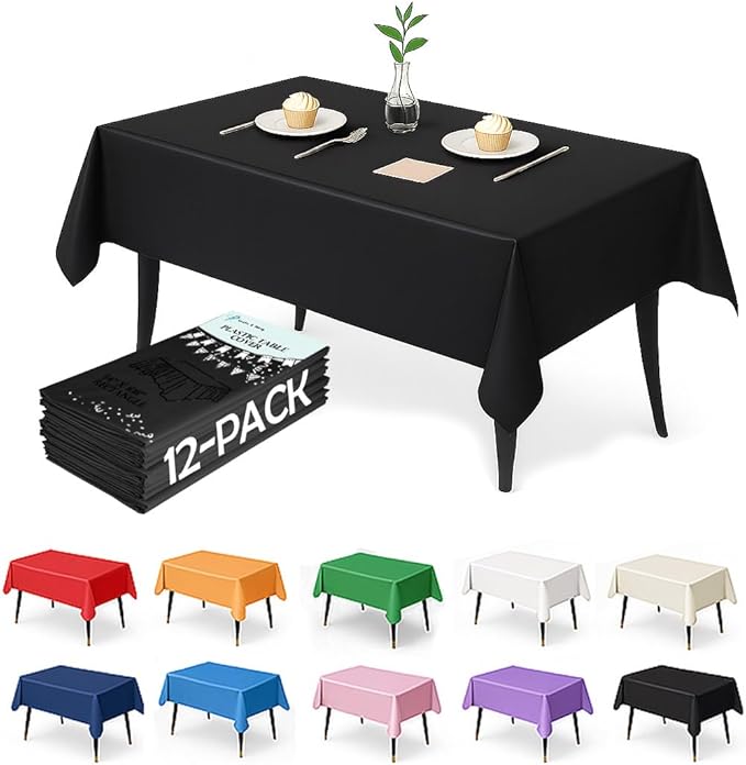 Craft And Party 12-Pack Black Plastic Tablecloths – 54 x 108 Inch Disposable Table Covers for Rectangle Tables, Heavy Duty & Waterproof for Parties, Events, Banquets, Black