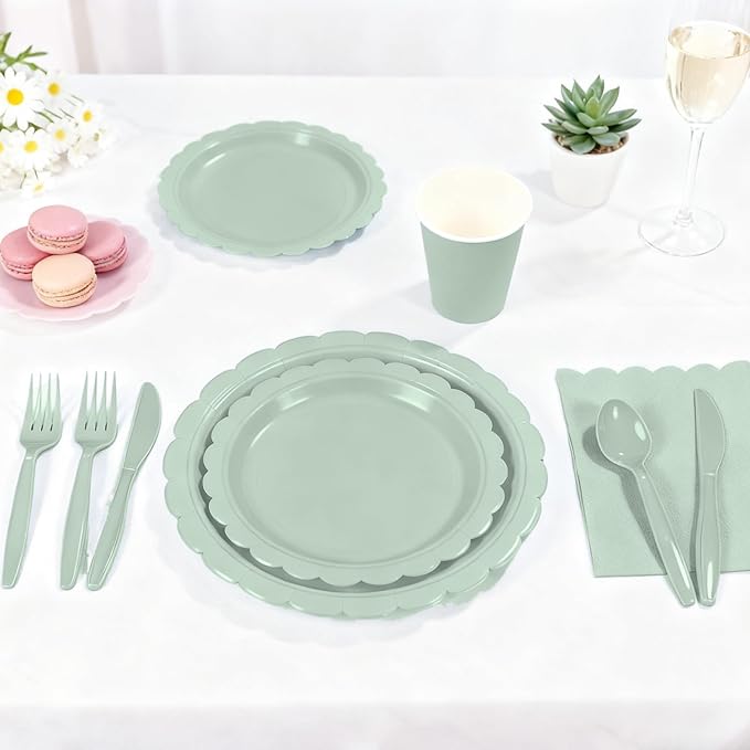 176 PCS Sage Green Party Decorations Includes Plates, Napkins, Cups, Cutlery, Tablecloth for Wedding Bridal Shower Birthday Baby Shower Party Decorations, Serves 25