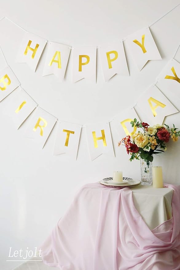 Happy Birthday Banner Sparkle White Golden Bunting Signs Party Supplies for Birthday Party Decorations 13 Pieces