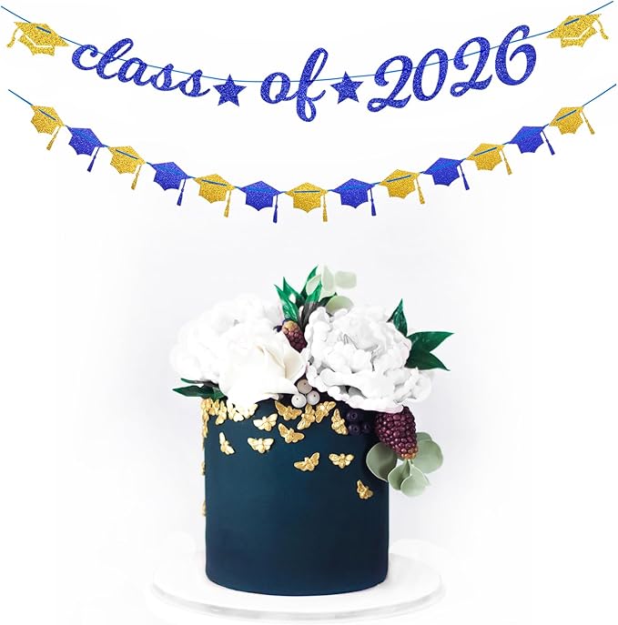 Navy-Blue White-Gold Party-Decorations Graduation Banner - 8pcs Kits Class of 2026 Cap Garland Streamers, Paper Tissue Pom Poms Flowers, Congratulations Grad Decor Lasting Surprise