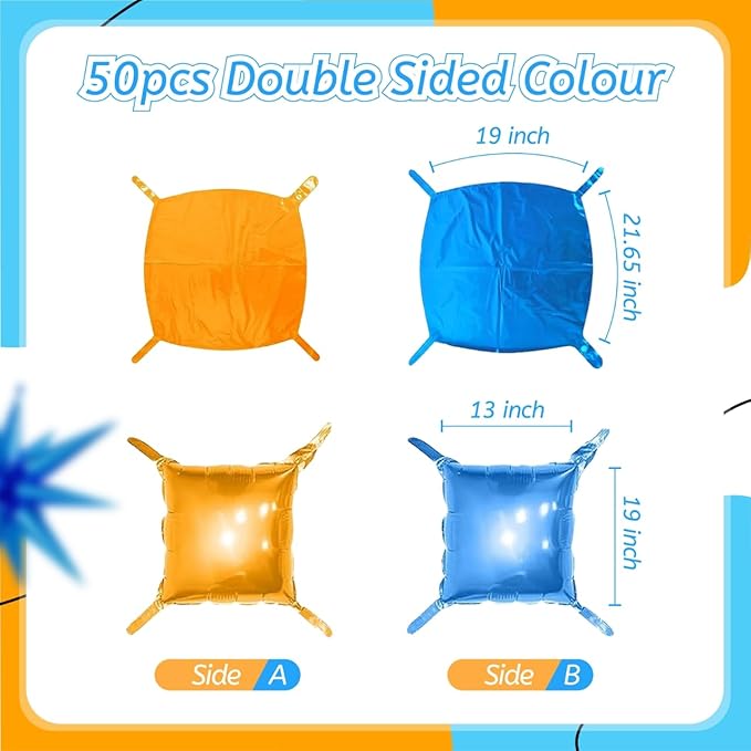 50PCS Blue and Orange Square Foil Balloons Wall, Double Sided Chrome Deep Blue and Orange Garland Kit, Reusable DIY Mylar Balloon Arch for Anniversary Birthday Engagement Party Background Decor