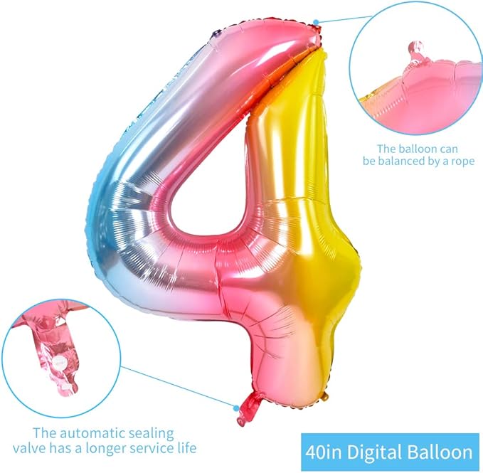 TONIFUL 40 Inch Rainbow Large Numbers Balloons 0-9, Number 4 Digital 4 Helium Balloons, Foil Mylar Big Number Balloons for Birthday Party Anniversary Supplies Decorations
