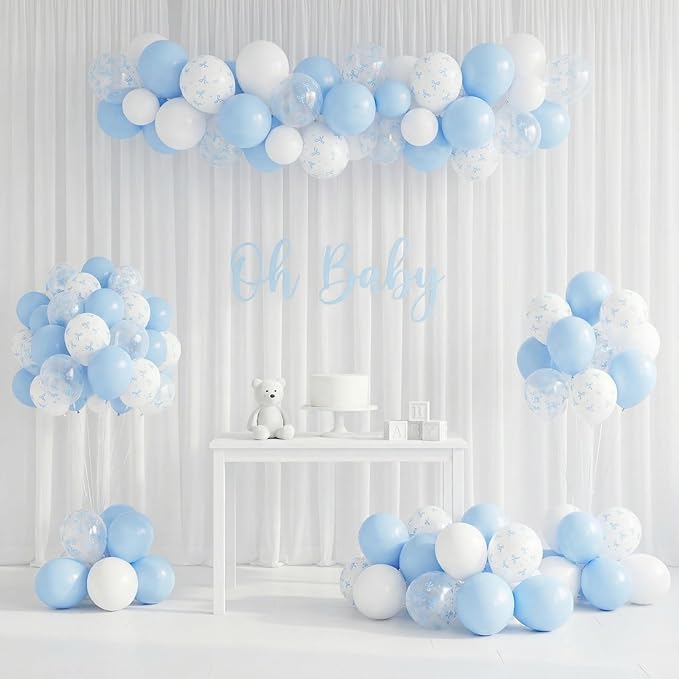 Blue Bow Balloons, 12 Inch Pastel Light Blue Transparent White Bow Print Coquette Balloon for Girls Birthday Bachelorette Party Bridal Baby Shower Wedding Anniversary Decorations Supplies