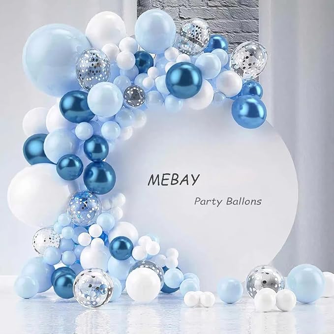 Blue Balloons Garland Arch Kit, 147 Pcs Metallic Macaron Light Blue and Confetti Silver Balloons for Baby Shower Birthday Wedding Ocean Themed Party Background Decoration