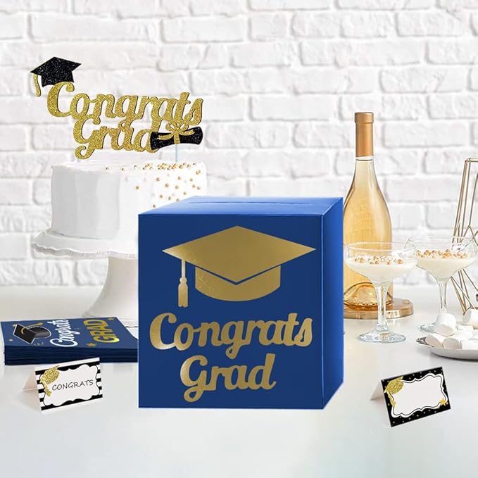 Graduation Card Box Holder, Congrats Grad Foldable Cardboard Decorations Box for Graduation Party Decoration and Grad Parties (Blue)