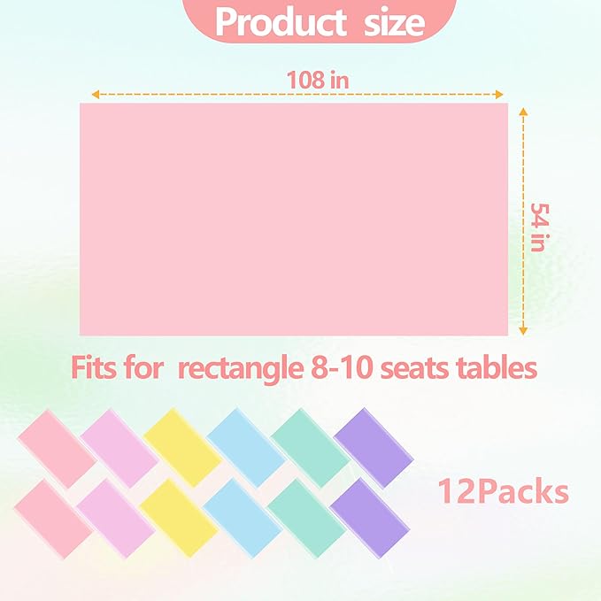 12 Pack Plastic Table Cloths for Parties,Pastel Plastic Tablecloth,54x108 Inch Disposable Rainbow Rectangle Table Cover for Birthday Wedding Baby Shower Party Decoration