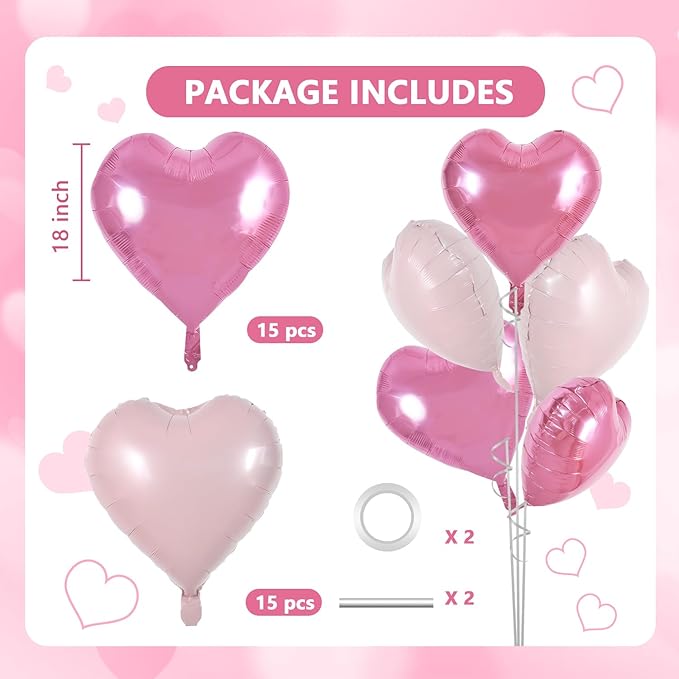 TONIFUL 30Pcs 18 Inch Pink Light Pink Balloons Pink Pastel Pink Heart Shape Foil Mylar Banners Decoration for Birthday Valentine's Day Wedding Bridal Shower Anniversary Engagement Party Supplies