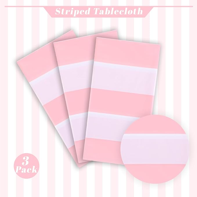 Kesfey 3 Packs Pink and White Vertical Striped Tablecloth 54 x 108 Inch Pink Stripe Table Cloths Disposable Plastic Stripe Table Covers Waterproof Pink Striped Picnic Table Cover for Birthday Party