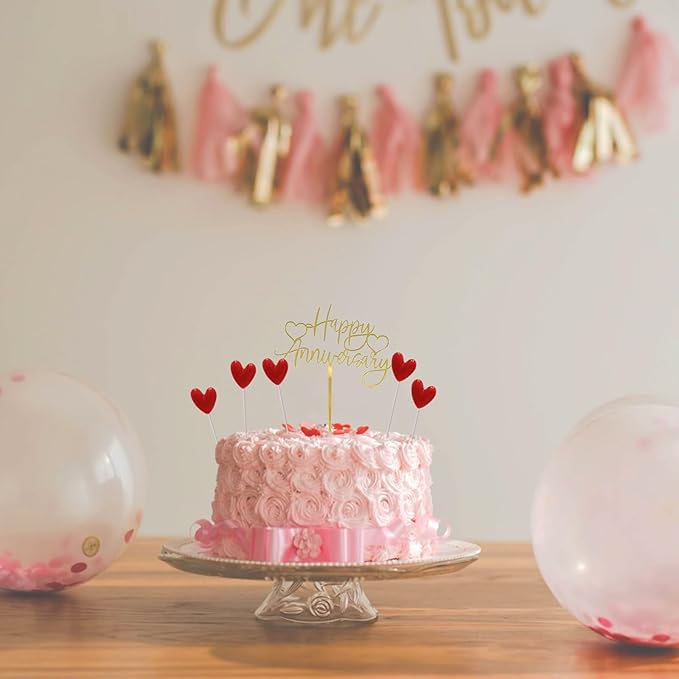 Happy Anniversary Cake Topper Happy Anniversary Cake Decorations for Party Decorations (two gold heart)