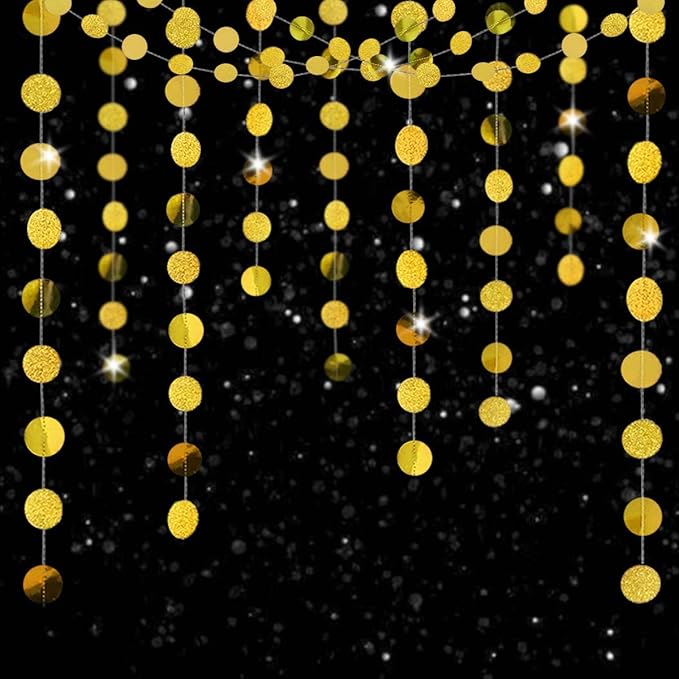 6 Pcs Glitter Gold Paper Circle Dots Garland (52 Feet) - Hanging Decorations for Birthday, Bachelorette, Engagement, Bridal Shower, Wedding, Baby Shower & Christmas