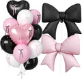 16Pcs Pink and Black Heart Balloons, 38 Inch Bow Balloons, Light Pink Black White Balloon and Bow Heart Shaped Foil Balloon Helium for Women Birthday Wedding Bridal Baby Shower Valentine Decorations