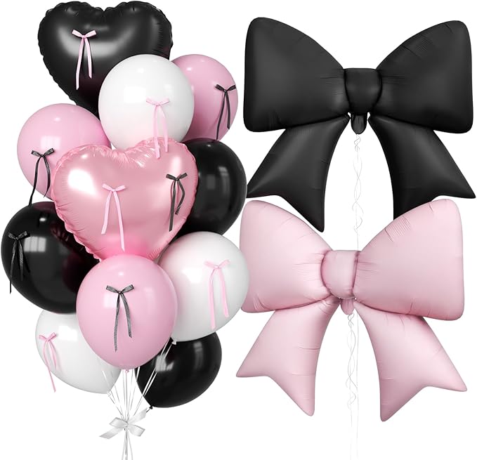 16Pcs Pink and Black Heart Balloons, 38 Inch Bow Balloons, Light Pink Black White Balloon and Bow Heart Shaped Foil Balloon Helium for Women Birthday Wedding Bridal Baby Shower Valentine Decorations