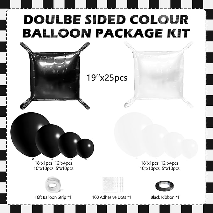 75Pcs Black and White Square Foil Balloons Wall Tunnel Backdrop Double Sided with White Black Balloons Arch Garland Kit for Checkered Racing Car Birthday Party Decoration