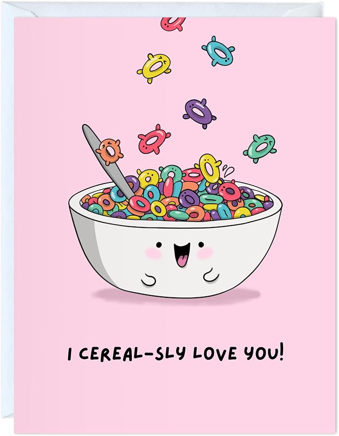 Mothers Day Card Anniversary Birthday for Mom Dad Wife Husband Girlfriend Boyfriend Stepmom Aunt Parents – Cute Funny Punny Greeting Card for Fathers Day – Blank Inside (I cereal-sly love you!)