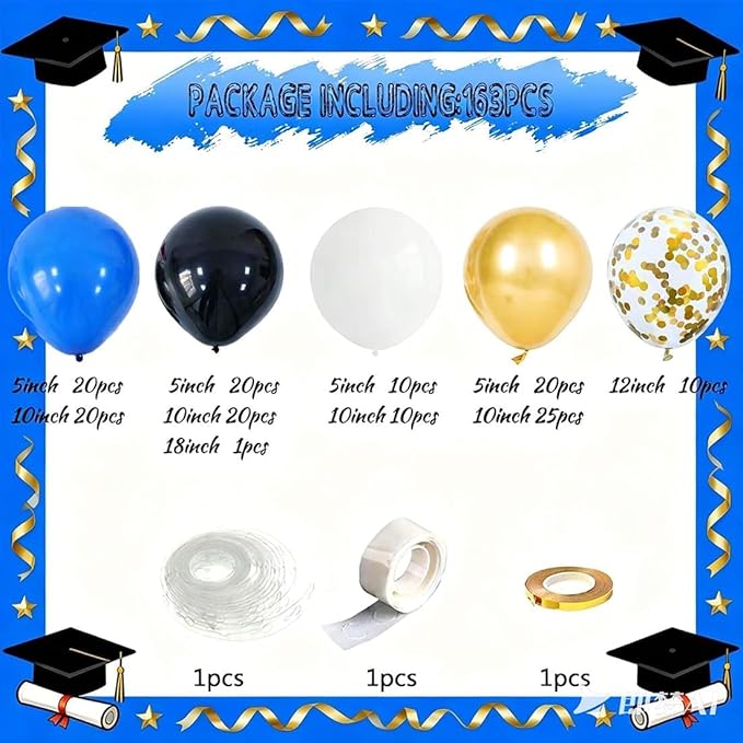 Deep Blue Black White Balloon Arch Kit 163Pcs with Gold Confetti Balloon for Orange and Black Birthday Party Decorations Graduation Party Birthday Party