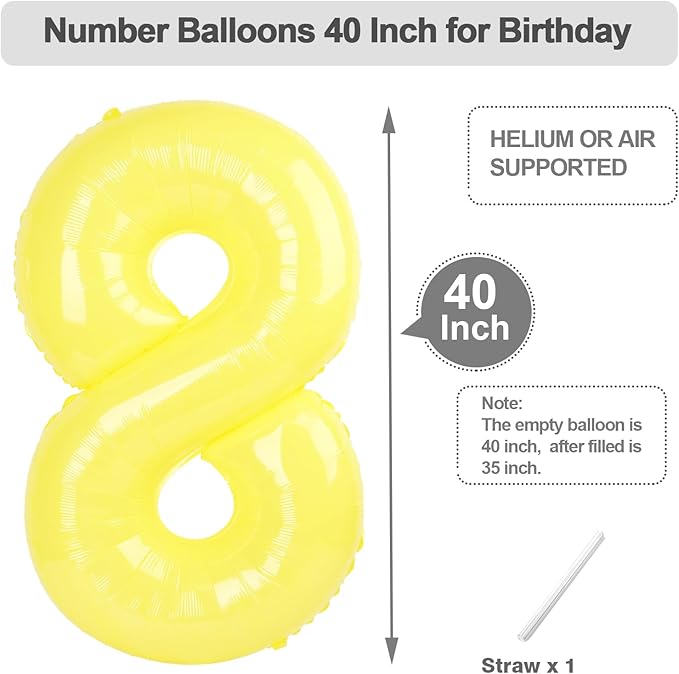 Balloon 8 Numbers, 40 Inch Yellow Foil Large Ballon for Women And Men, Balloons Decoration for Happy 8 18 28 80 Birthday, Wedding Anniversary, New Year, Halloween Party Decoration