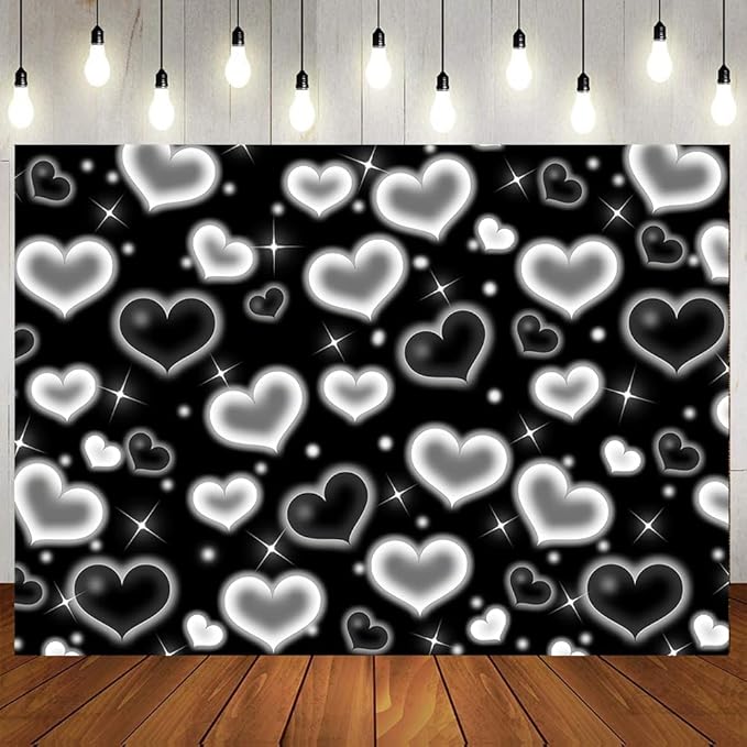 LTLYH 7×5ft Black Heart Photo Backdrop Early 2000s Party Decorations Old School Backdrops Valentine's Day Glitter Heart 16th 18th 30th Women Men 90s Happy Birthday Background Selfile Wall Decor 257
