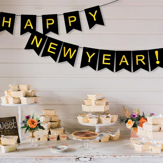 Happy New Year 2026 Banner - Black & Gold Sign For New Year's Eve Decorations, Nye Eve Party Supplies Decorations, 2026 Nye Decorations, 2026 Nye Sign