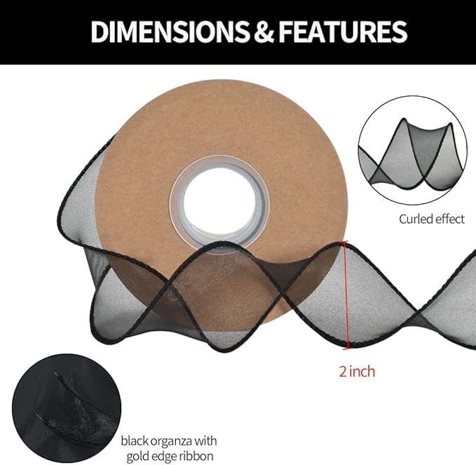 TONIFUL 1-1/2 Inch Wide Black Wired Chiffon Ribbon Sheer Organza Ribbons for Crafts Floral Bouquets Wedding New Year Eve Party Decorations Valentine's Day Gift Wrapping Bow Making Tree Wreaths (10yd)